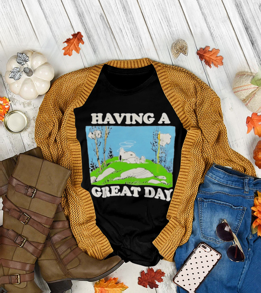 Snoopy Having A Great Day Relaxing On The Green Hill With Blue Sky And Clouds T-Shirt
