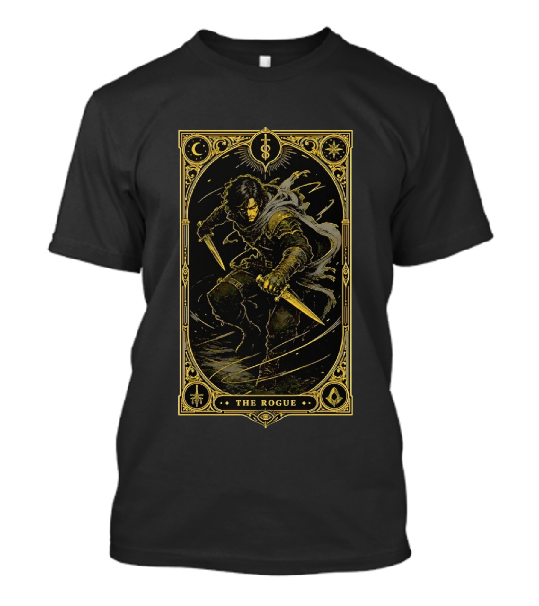 The Rogue Fantasy Tarot Card Dungeons And Dragons Moon Daggers Cloak T-Shirt