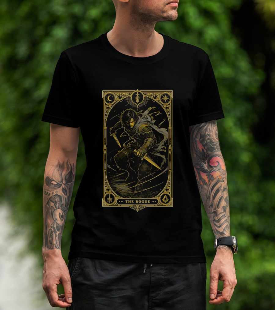 The Rogue Fantasy Tarot Card Dungeons And Dragons Moon Daggers Cloak T-Shirt