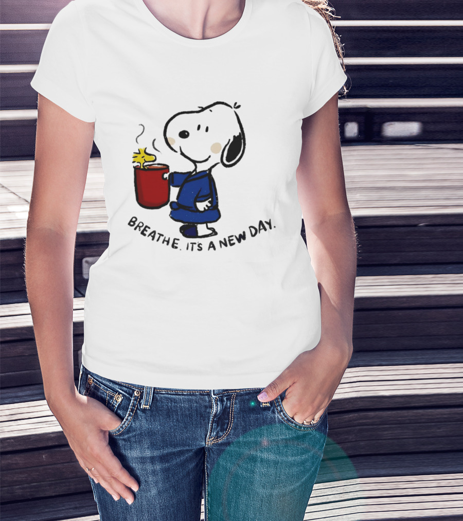 Snoopy And Woodstock Breathe It's A New Day Coffee Relaxation T-Shirt