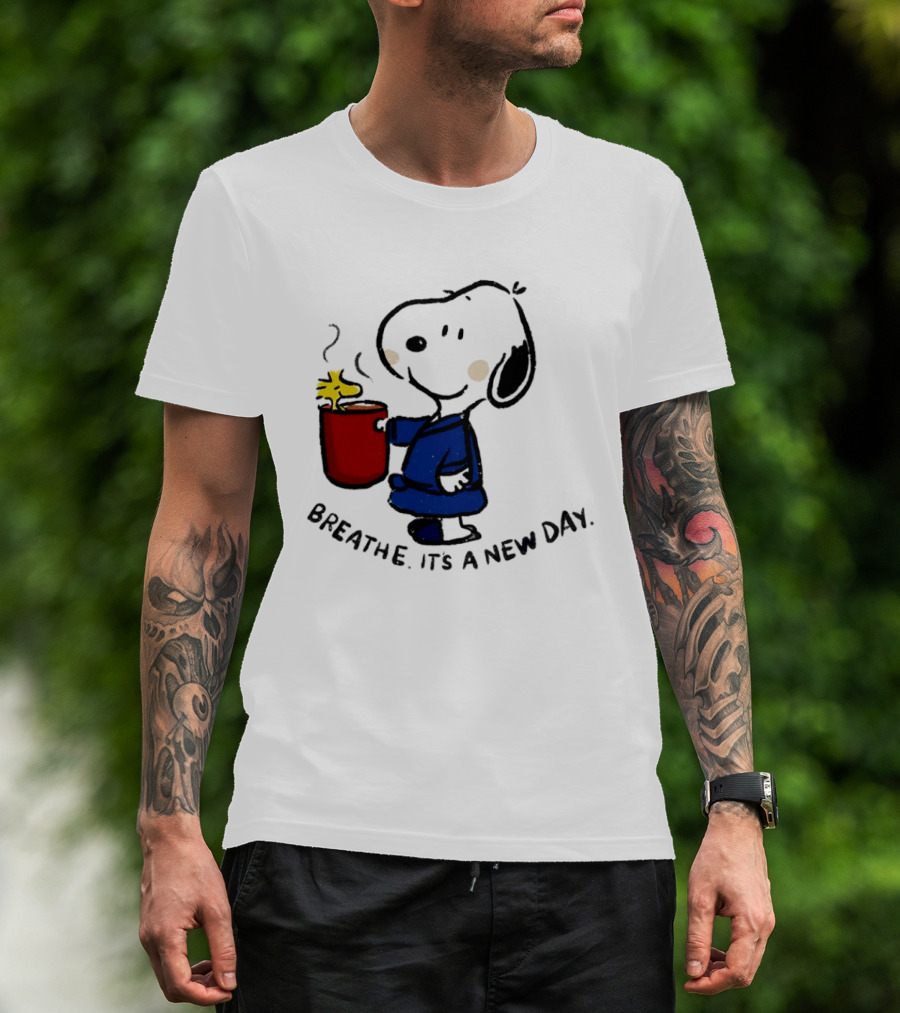 Snoopy And Woodstock Breathe It's A New Day Coffee Relaxation T-Shirt