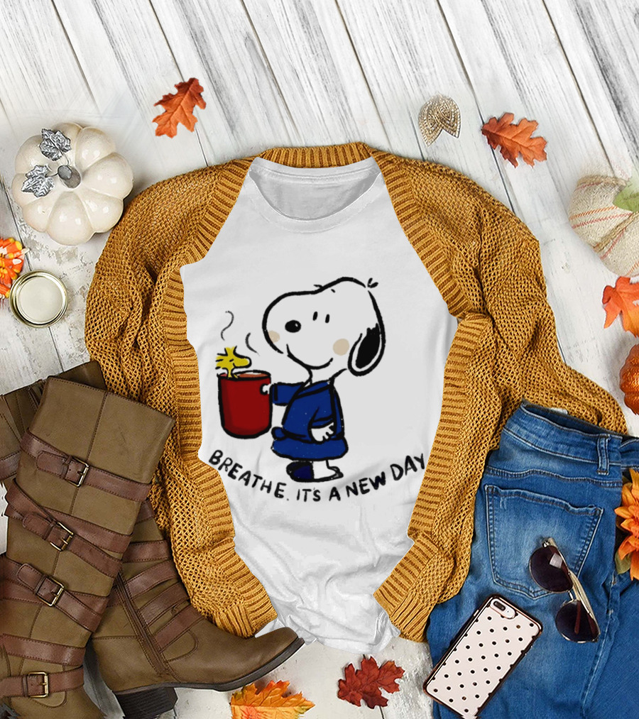 Snoopy and Woodstock Breathe It's a New Day Coffee Relaxation T-Shirt