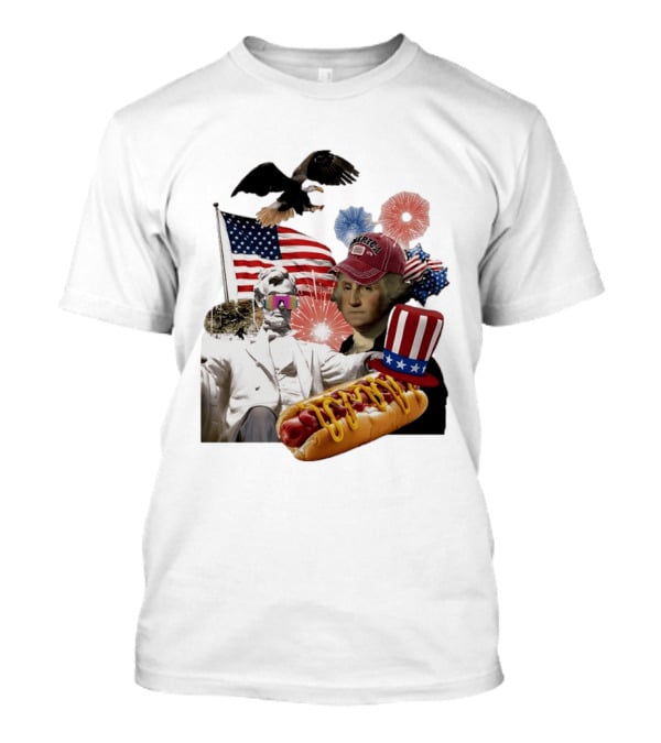 Merica Abraham Lincoln George Washington Hot Dog Eagle Fireworks Patriotic Celebration T-Shirt
