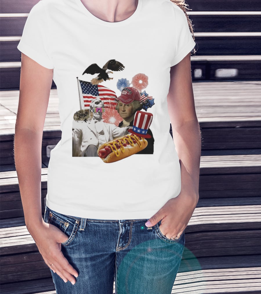 Merica Abraham Lincoln George Washington Hot Dog Eagle Fireworks Patriotic Celebration T-Shirt