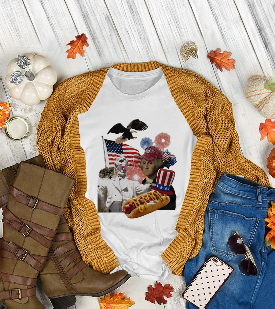 Merica Abraham Lincoln George Washington Hot Dog Eagle Fireworks Patriotic Celebration T-Shirt