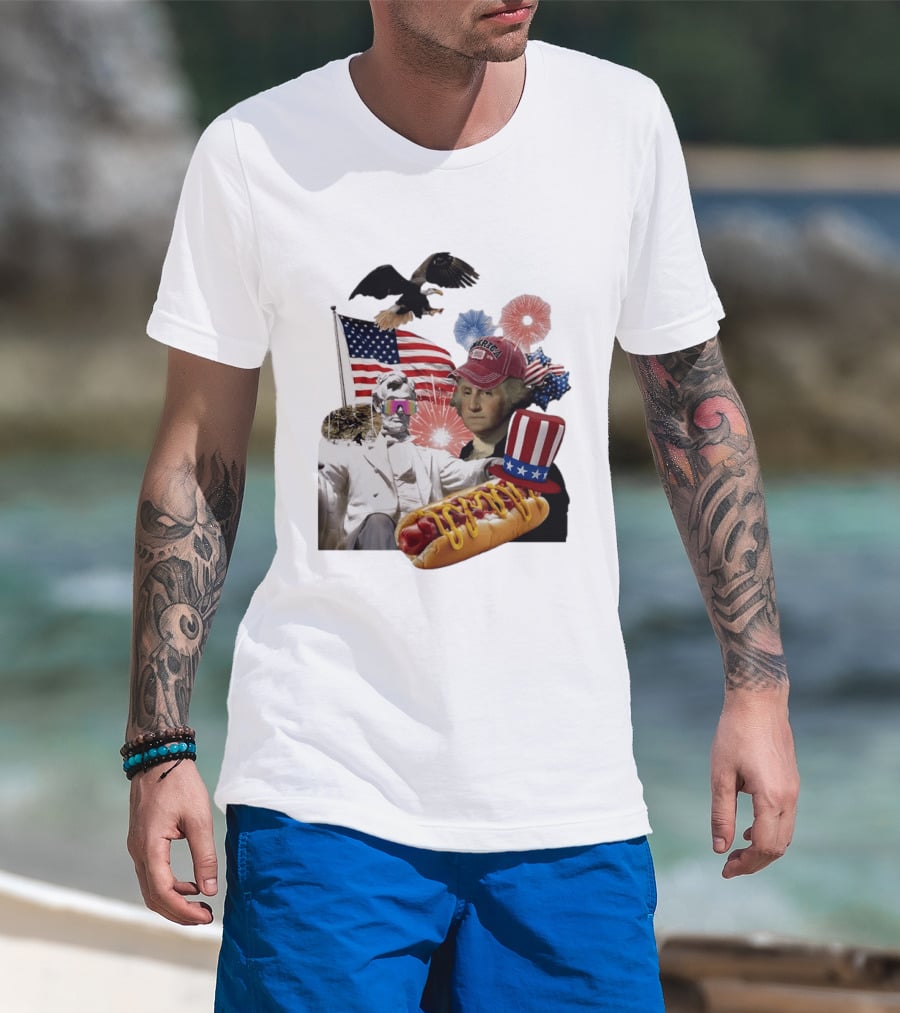 Merica Abraham Lincoln George Washington Hot Dog Eagle Fireworks Patriotic Celebration T-Shirt