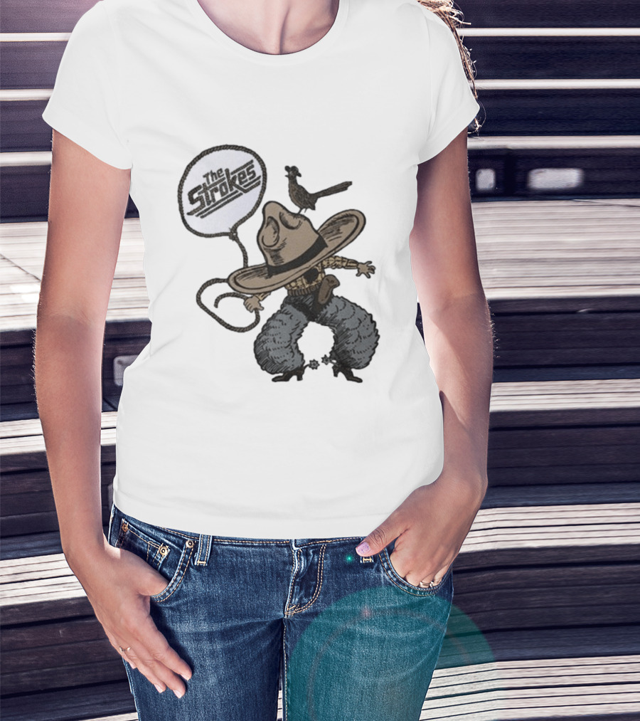 The Strokes Tour 2026 Illustrated Cowboy Holding Lasso With Bird And Cowboy Hat T-Shirt