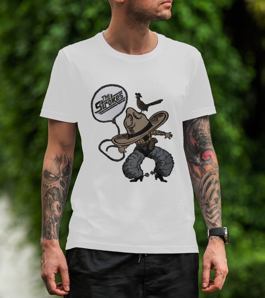 The Strokes Tour 2026 Illustrated Cowboy Holding Lasso With Bird And Cowboy Hat T-Shirt