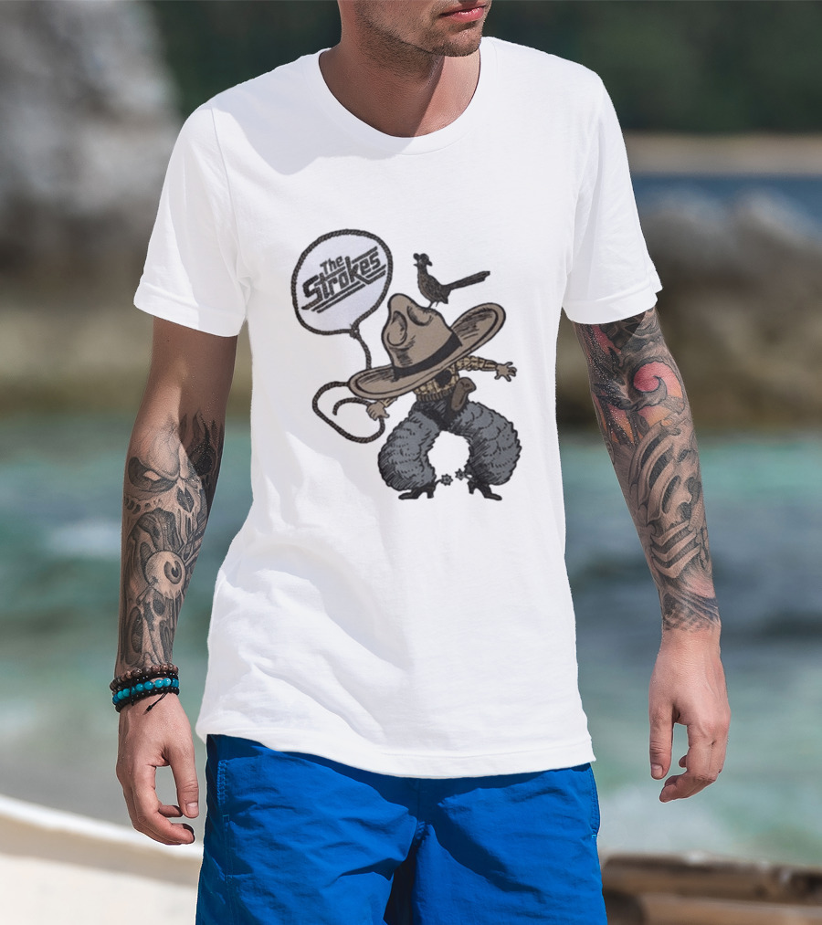 The Strokes Tour 2026 Illustrated Cowboy Holding Lasso With Bird And Cowboy Hat T-Shirt