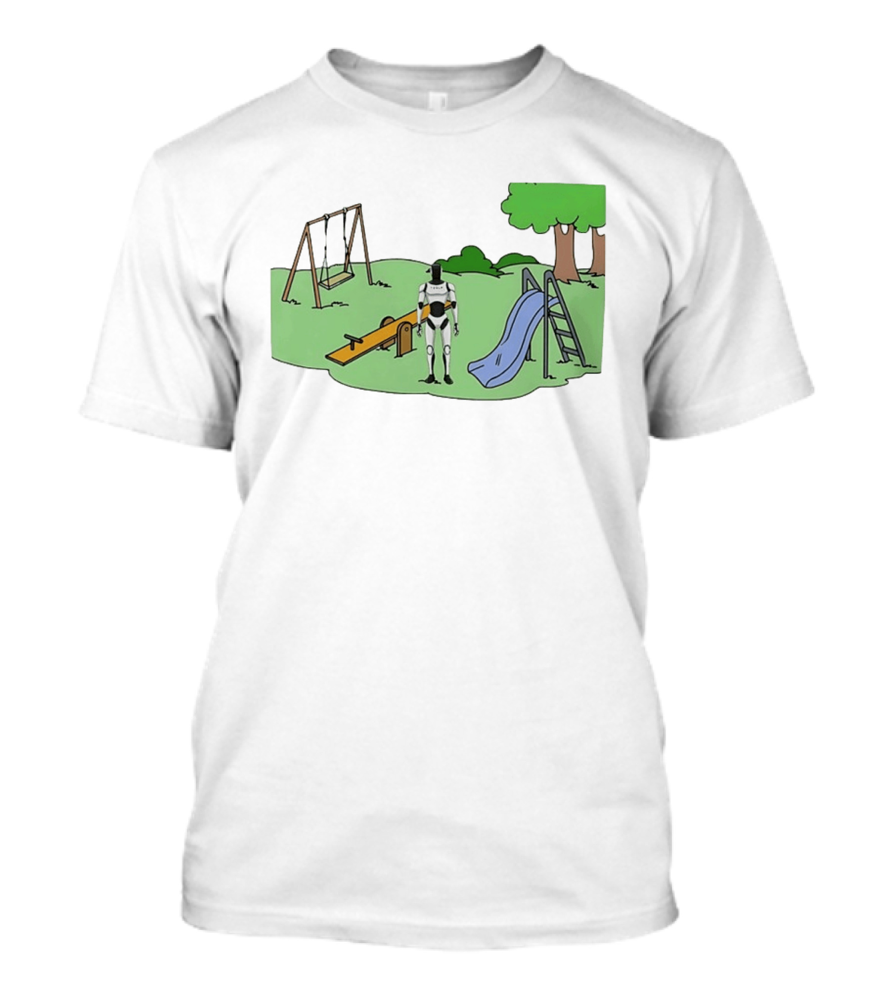 Optimus Tesla Robot In Playground Park With Swings And Slide T-Shirt