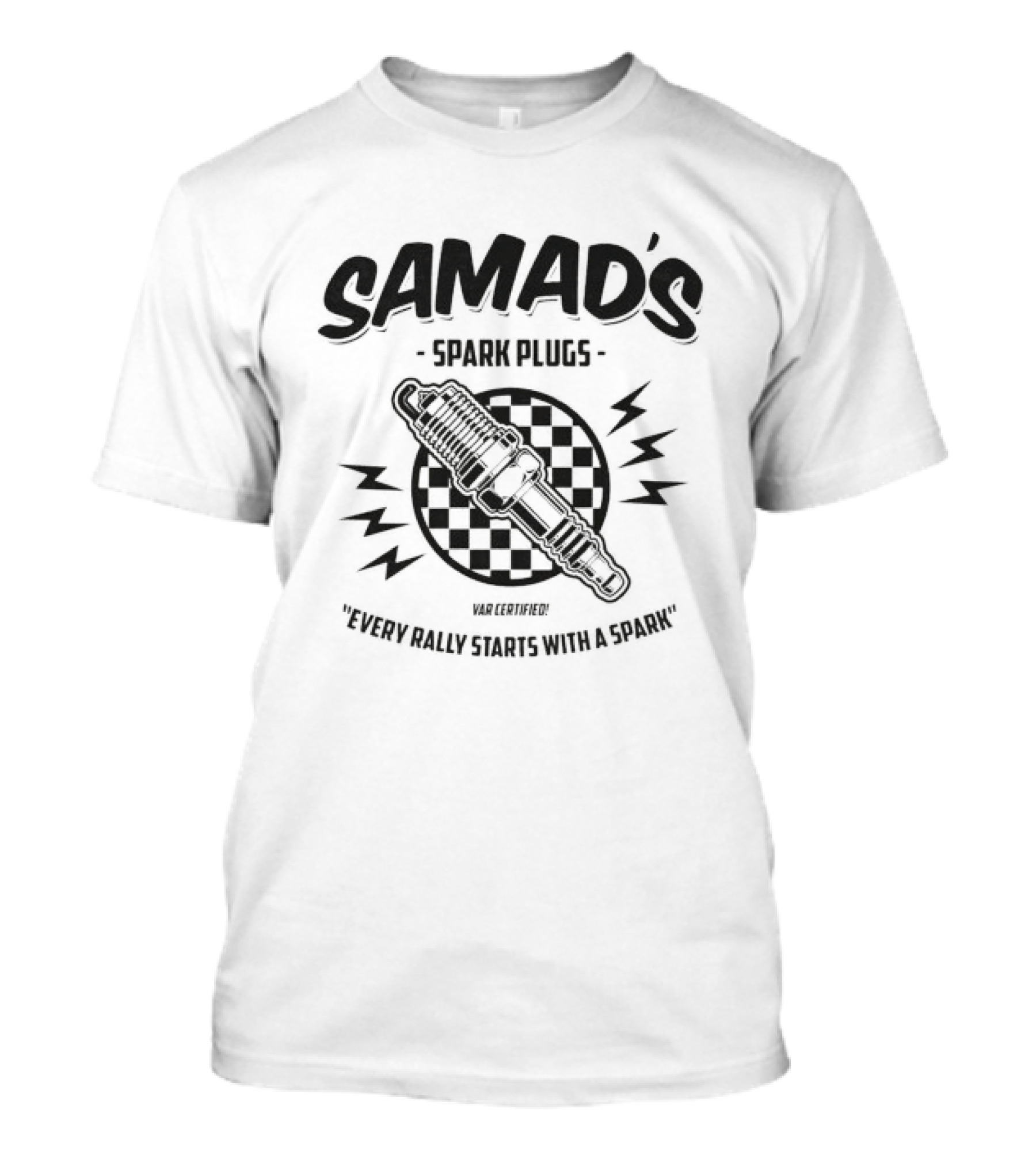 Samad's Spark Plugs Every Rally Starts With A Spark Racing Checkered Spark Plug T-Shirt