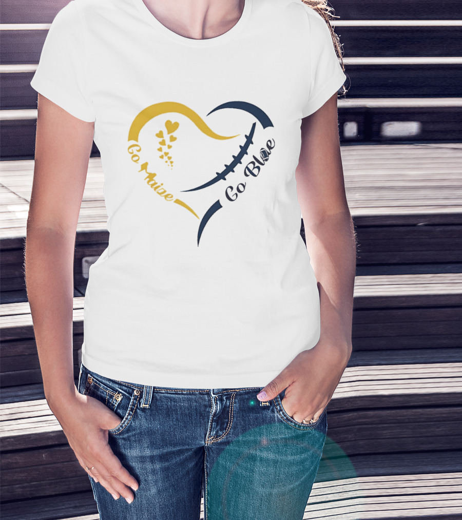 Michigan Wolverines Heart Go Maize Go Blue Football T-Shirt