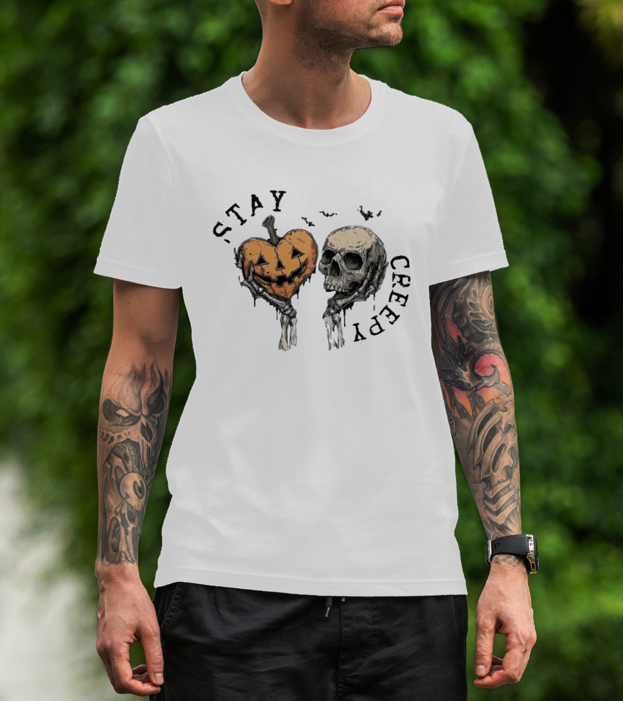 Stay Creepy Pumpkin Skull Halloween Spooky Skeleton Hands T-Shirt