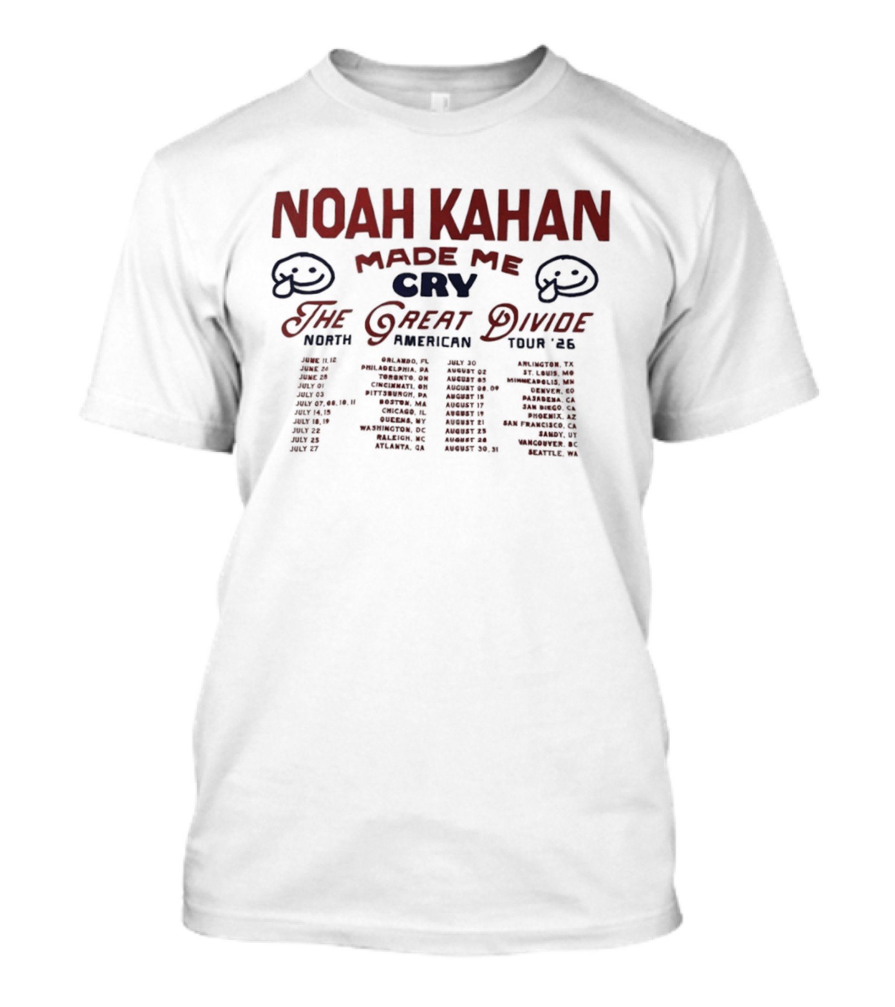 Noah Kahan Made Me Cry The Great Divide 2026 North American Tour Dates T-Shirt