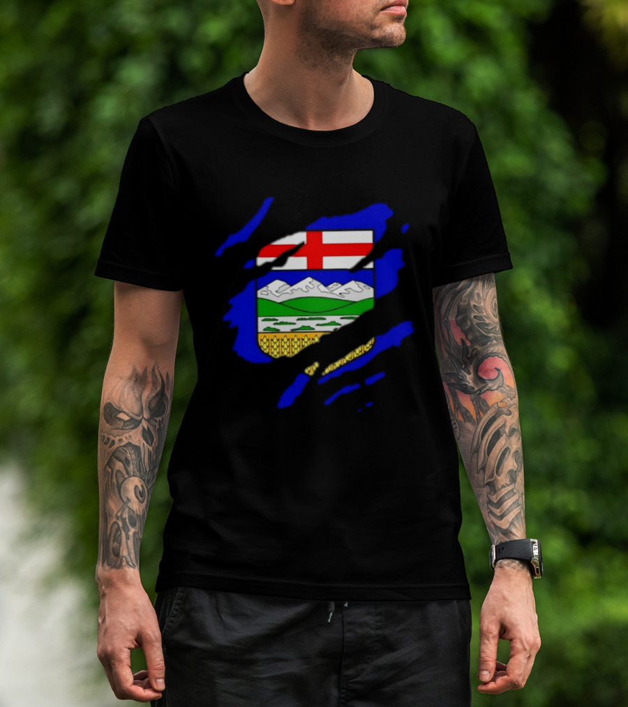 Alberta Coat Of Arms Ripped Effect Canada Flag Emblem Heritage Display T-Shirt