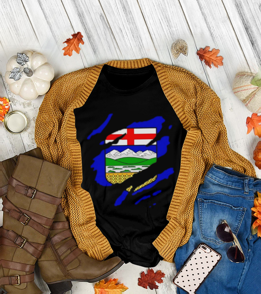 Alberta Coat Of Arms Ripped Effect Canada Flag Emblem Heritage Display T-Shirt