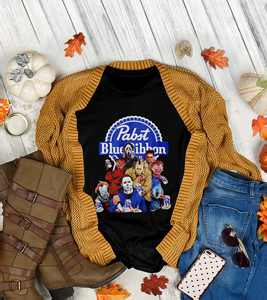 Pabst Blue Ribbon Horror Movie Characters Drinking Beer T-Shirt