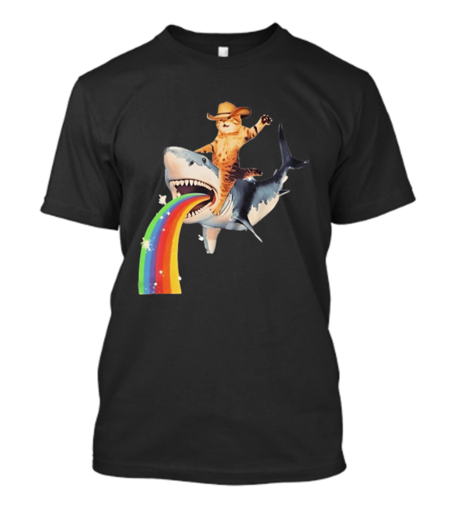 Cowboy Cat Riding Shark With Rainbow T-Shirt