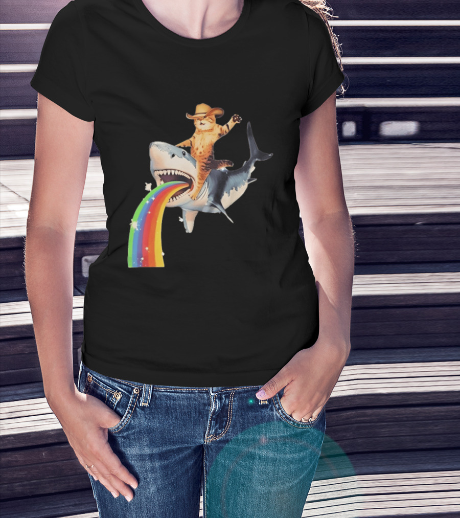 Cowboy Cat Riding Shark With Rainbow T-Shirt