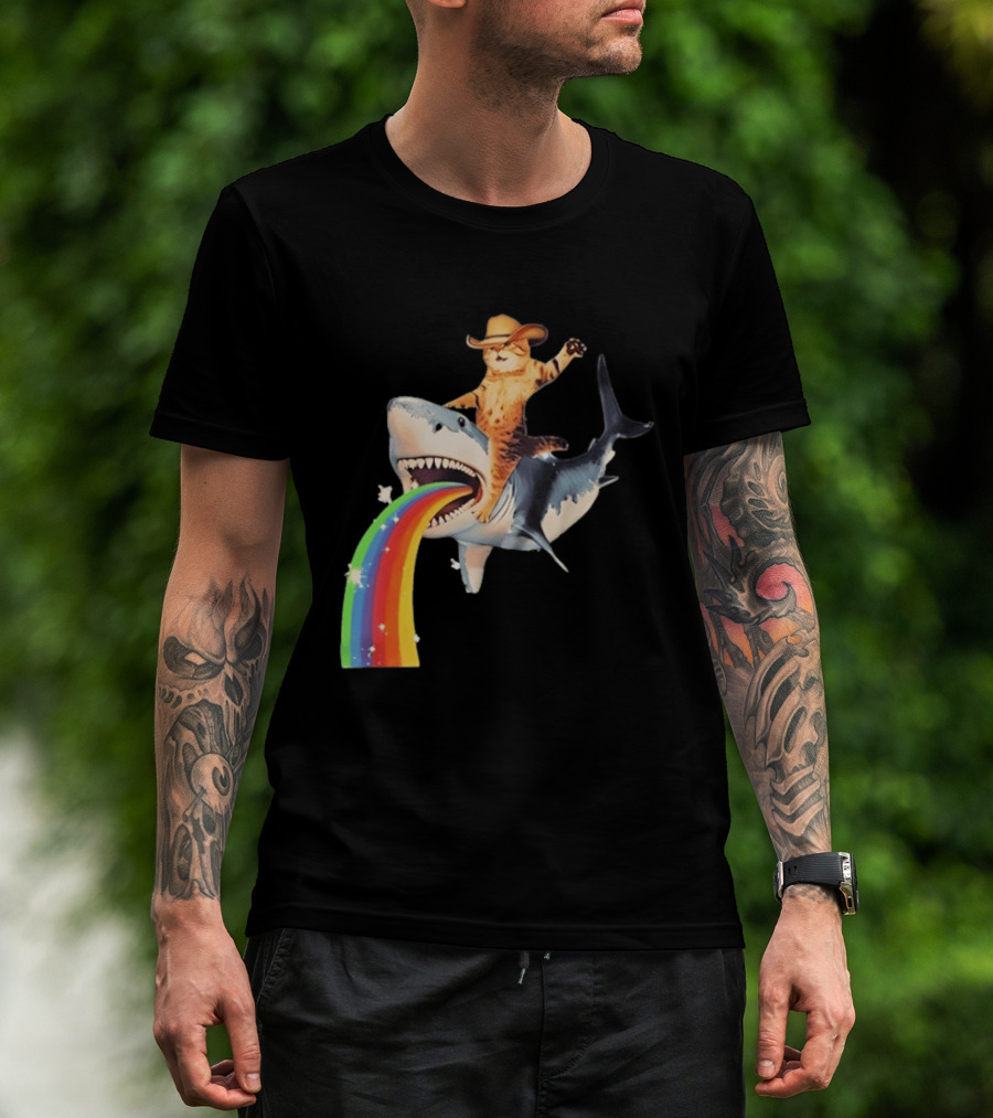 Cowboy Cat Riding Shark With Rainbow T-Shirt