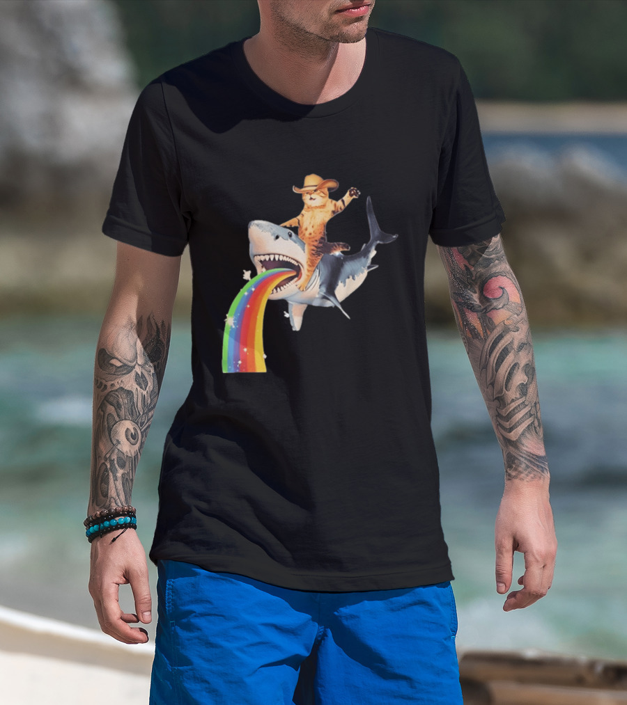 Cowboy Cat Riding Shark With Rainbow T-Shirt