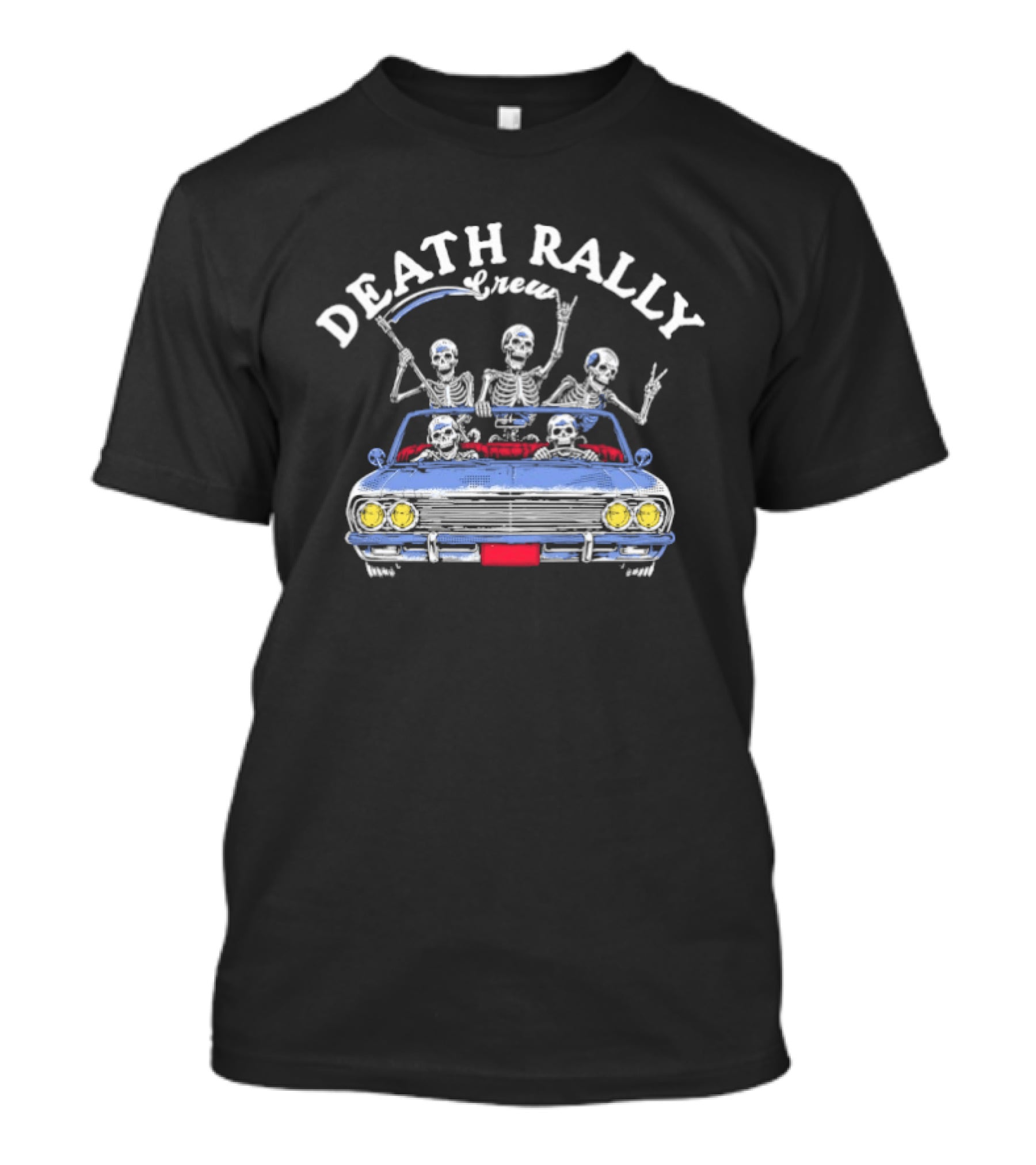 Death Rally Crew Skeletons In Convertible Car With Grim Reaper T-Shirt