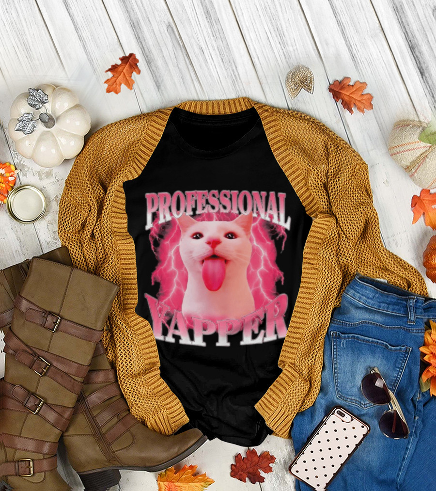 Professional Yapper Cat Pink Lightning Tongue Out T-Shirt
