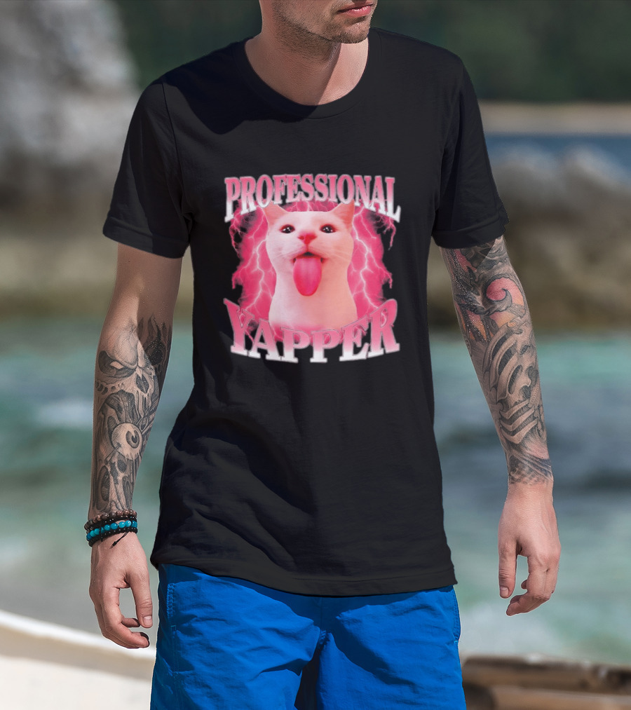 Professional Yapper Cat Pink Lightning Tongue Out T-Shirt