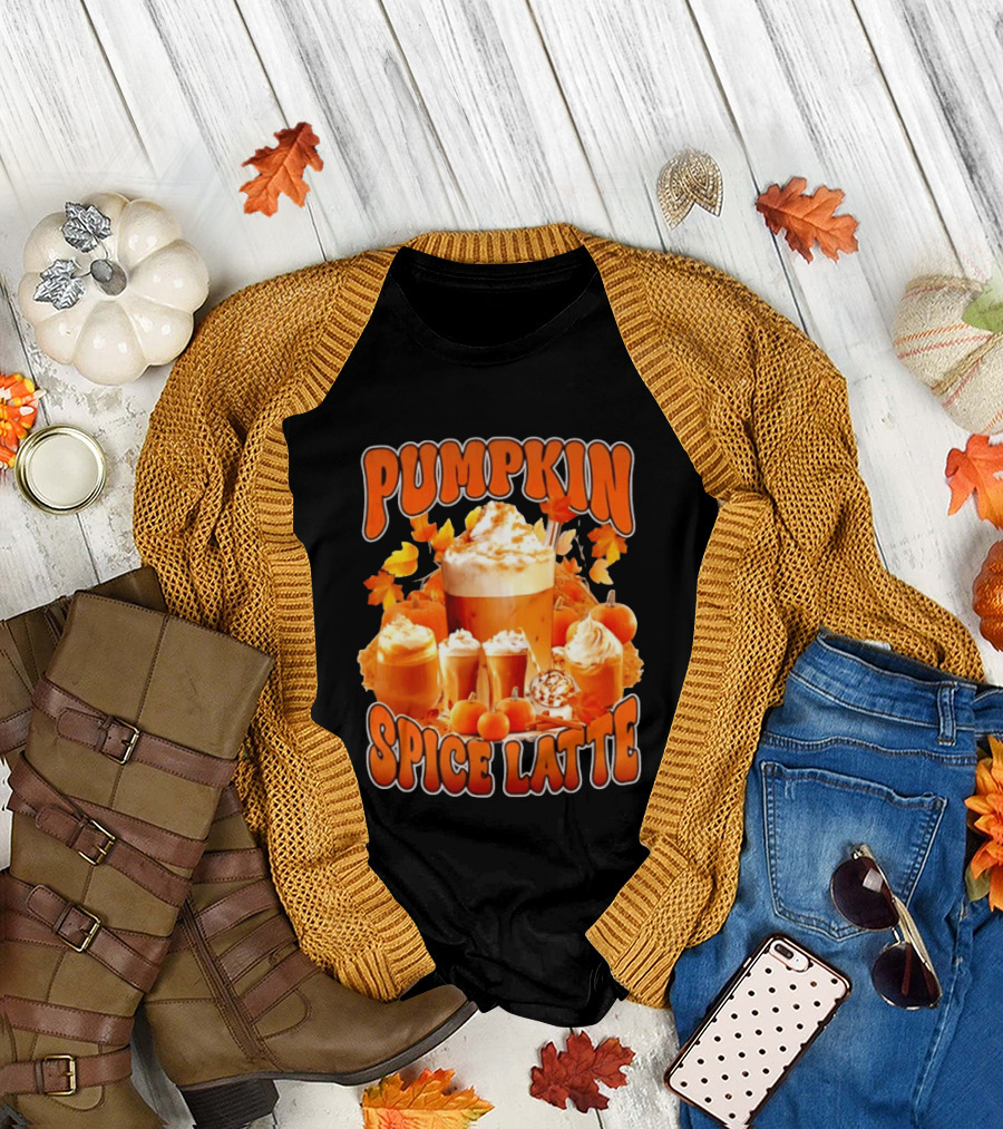 Pumpkin Spice Latte Fall Autumn Halloween Beverage with Whipped Cream and Leaves T-Shirt
