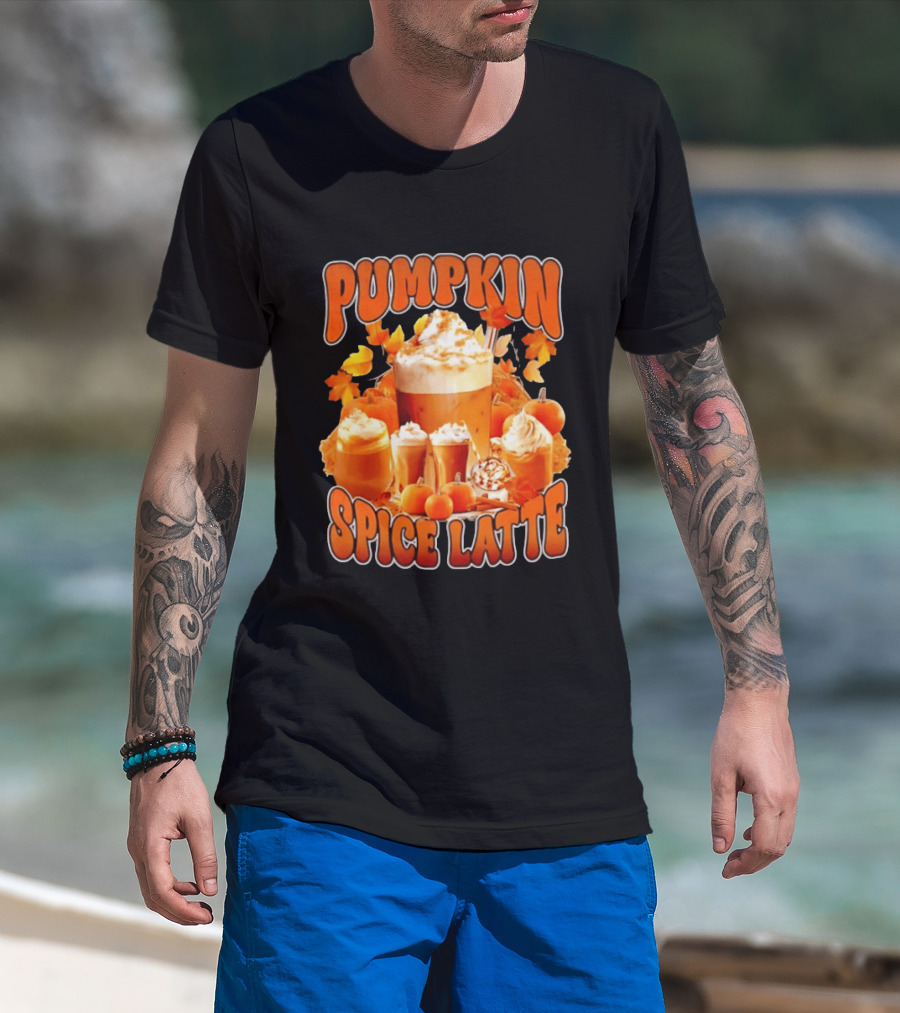 Pumpkin Spice Latte Fall Autumn Halloween Beverage With Whipped Cream And Leaves T-Shirt