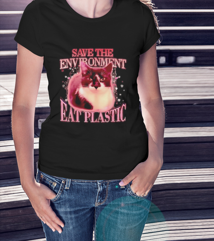 Save The Environment Eat Plastic Cat Humor T-Shirt