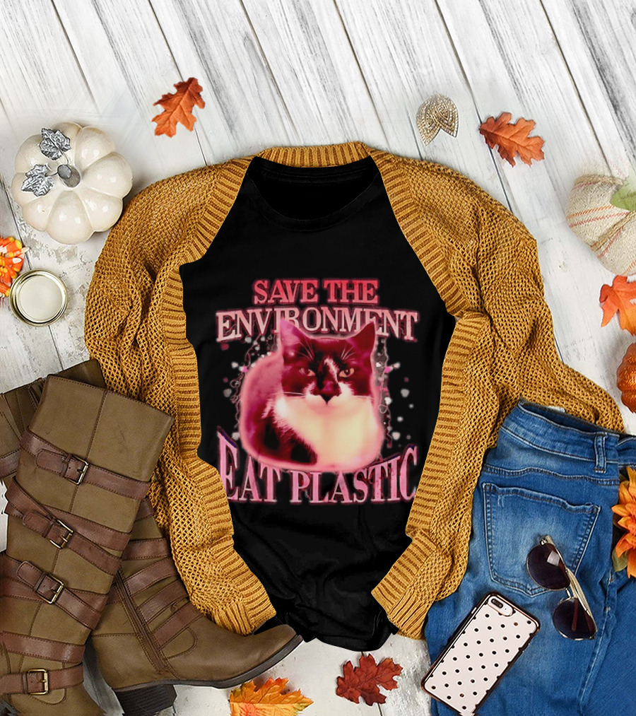 Save the Environment Eat Plastic Cat Humor T-Shirt