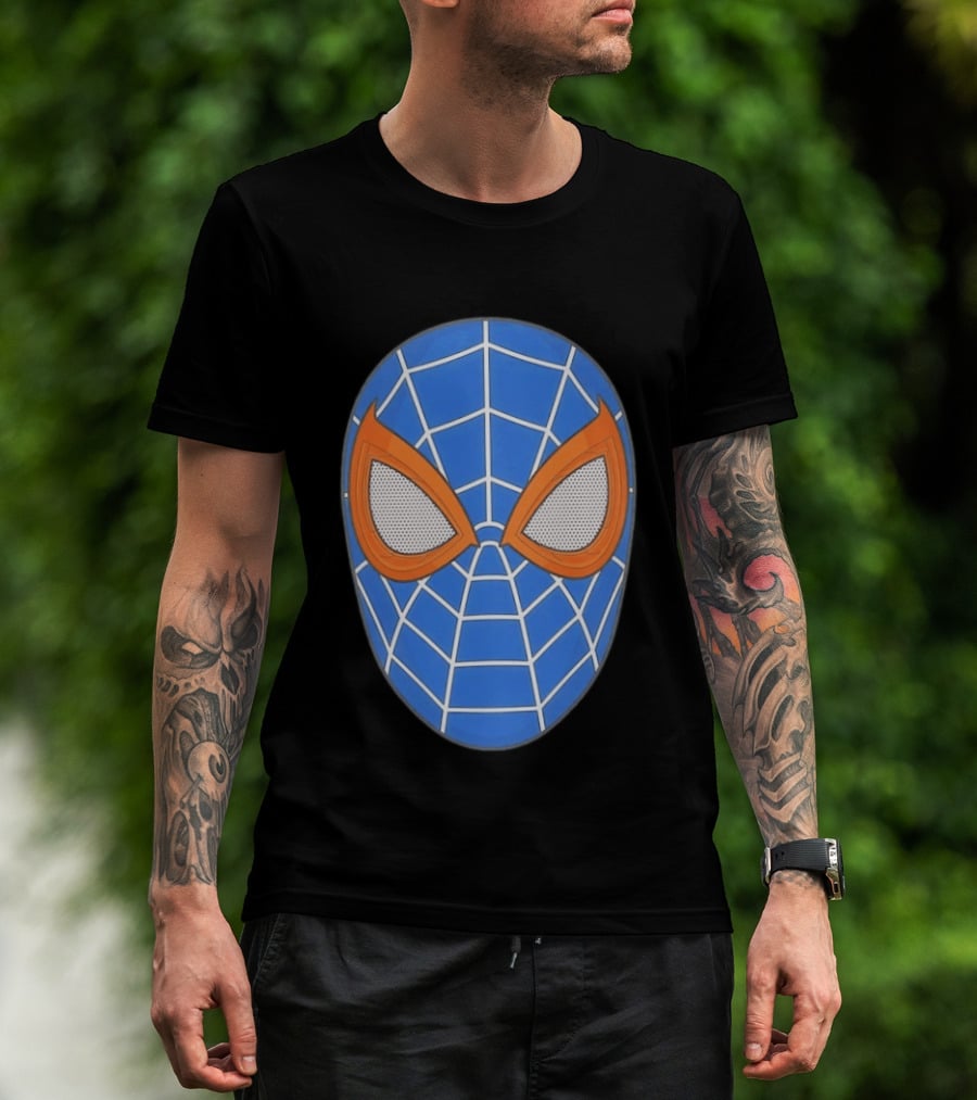 Spidey Spider Man Blue Mask With Orange Eyes And Web T-Shirt