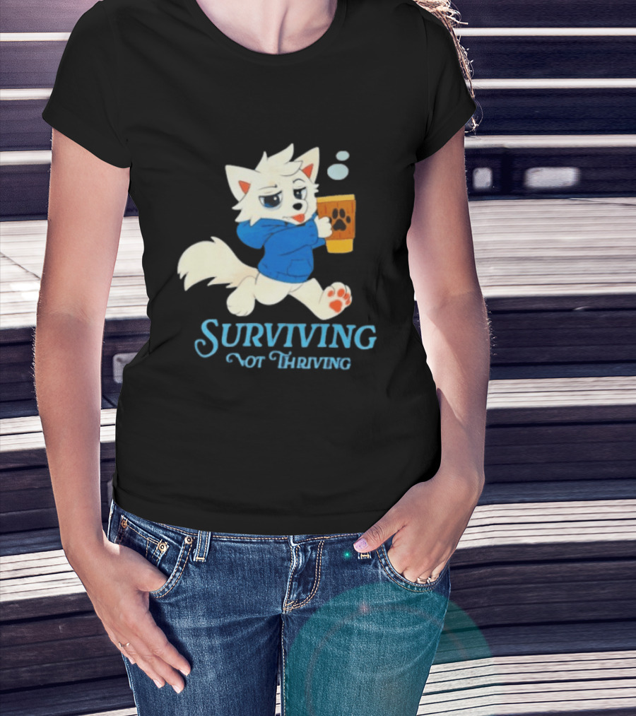 Surviving Not Thriving Cute Fox Coffee Paw Print T-Shirt