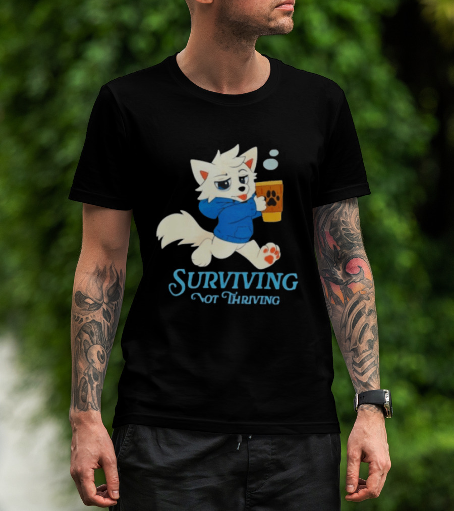 Surviving Not Thriving Cute Fox Coffee Paw Print T-Shirt