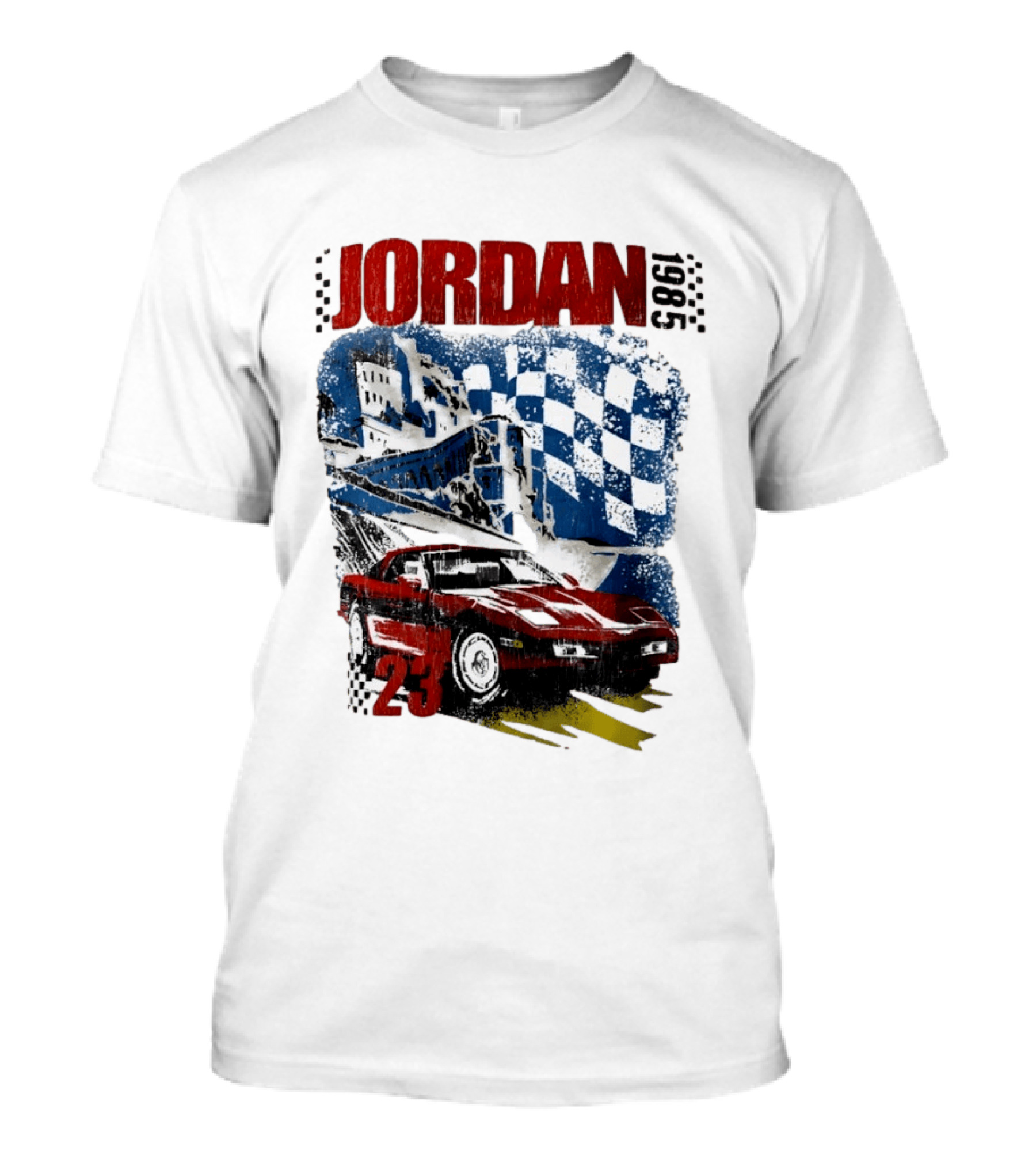 Jordan 23 Racing Brooklyn 1985 Checkered Red Sports Car Blue Flag T-Shirt