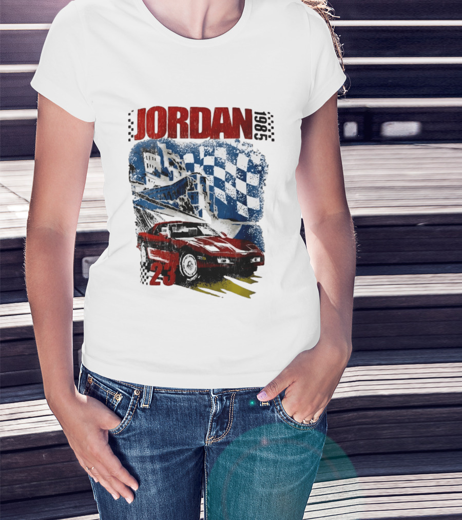 Jordan 23 Racing Brooklyn 1985 Checkered Red Sports Car Blue Flag T-Shirt