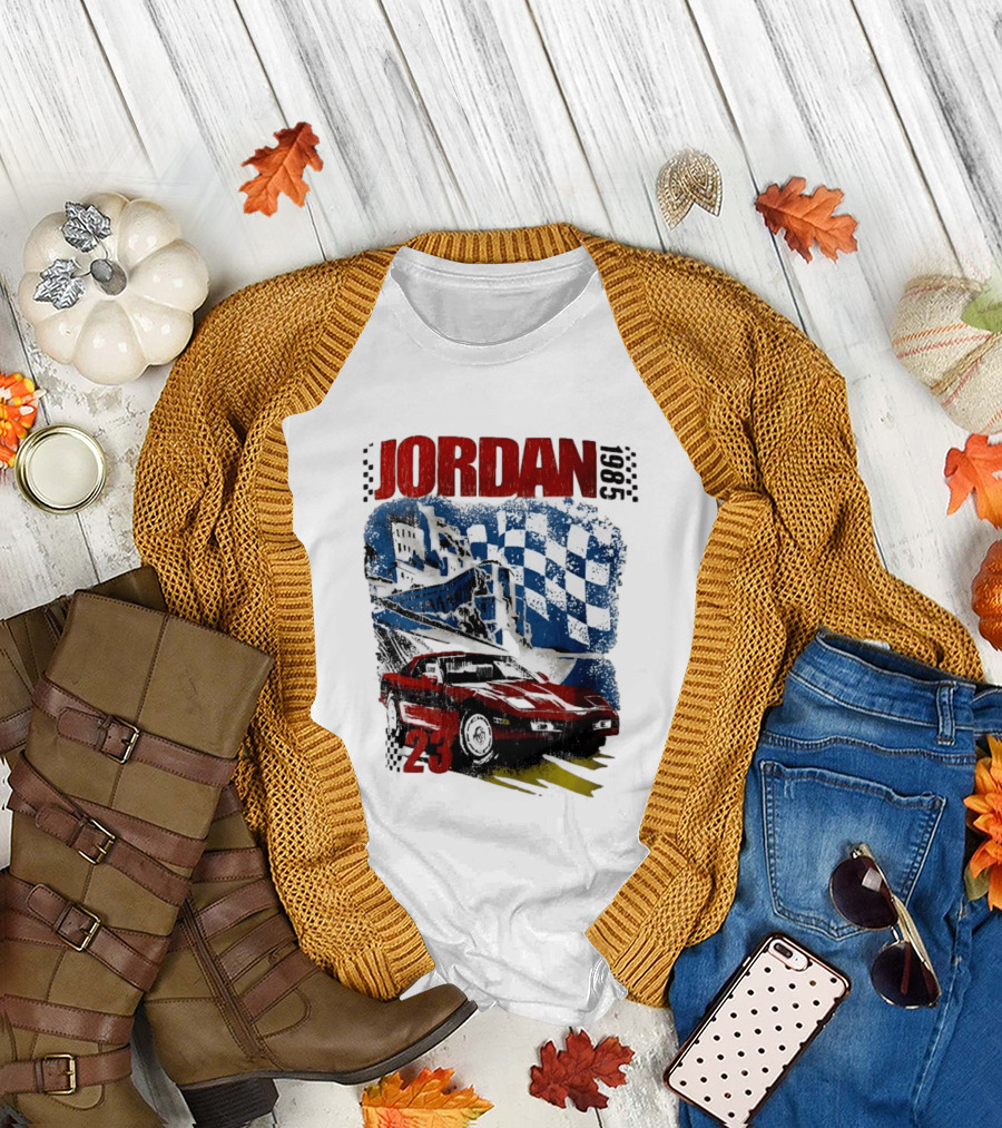 Jordan 23 Racing Brooklyn 1985 Checkered Red Sports Car Blue Flag T-Shirt