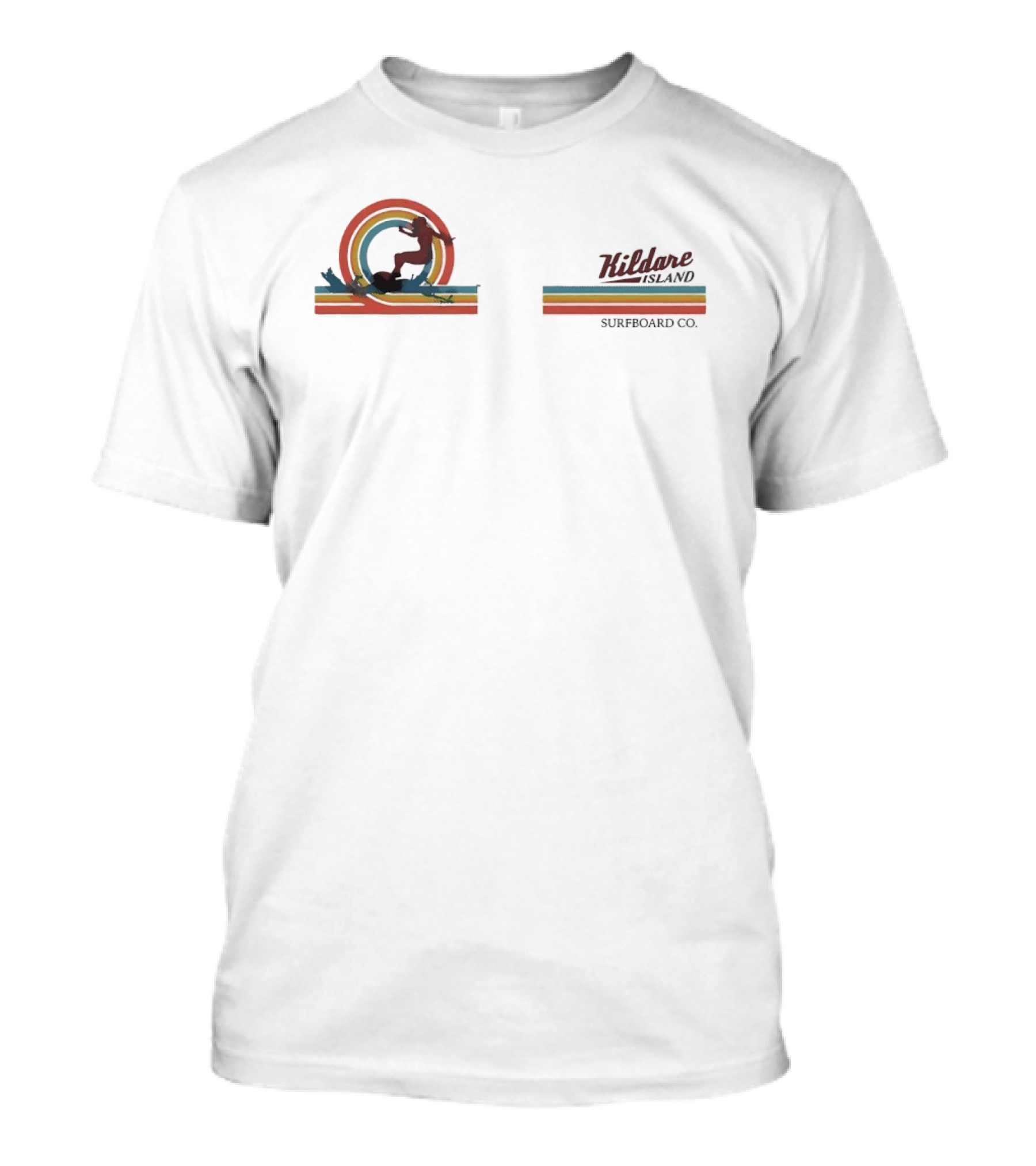 Kildare Island Surfboard Co Surfer With Rainbow Silhouette And Stripes T-Shirt