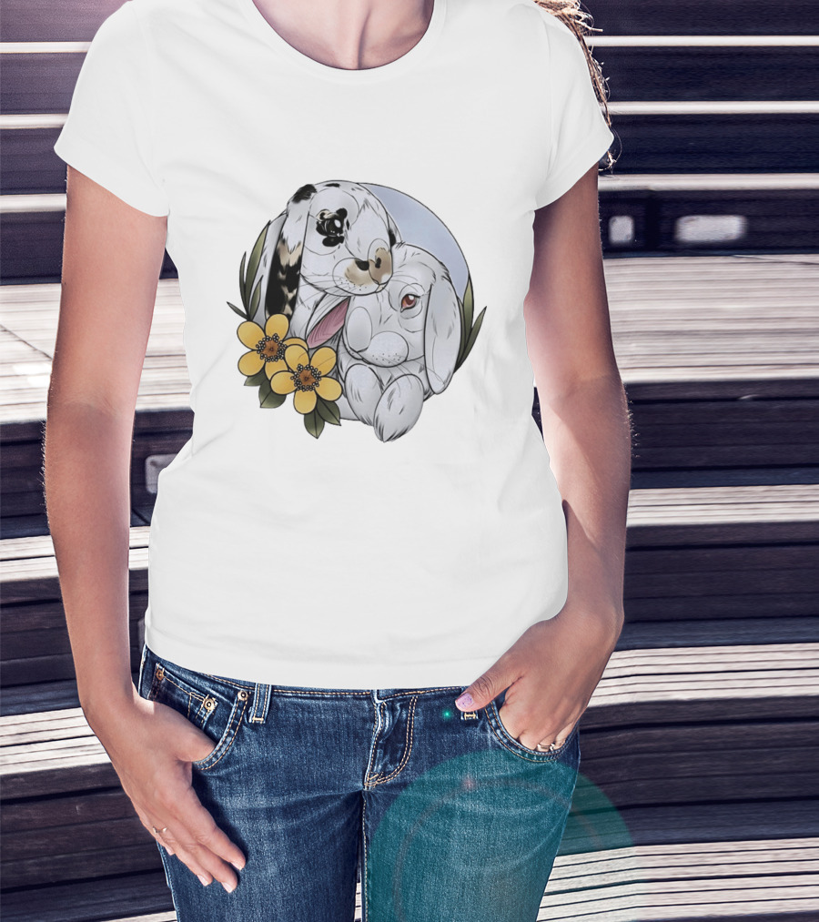 Clement Rabbit Rescue Bunnies With Yellow Flowers Wildlife Charm T-Shirt