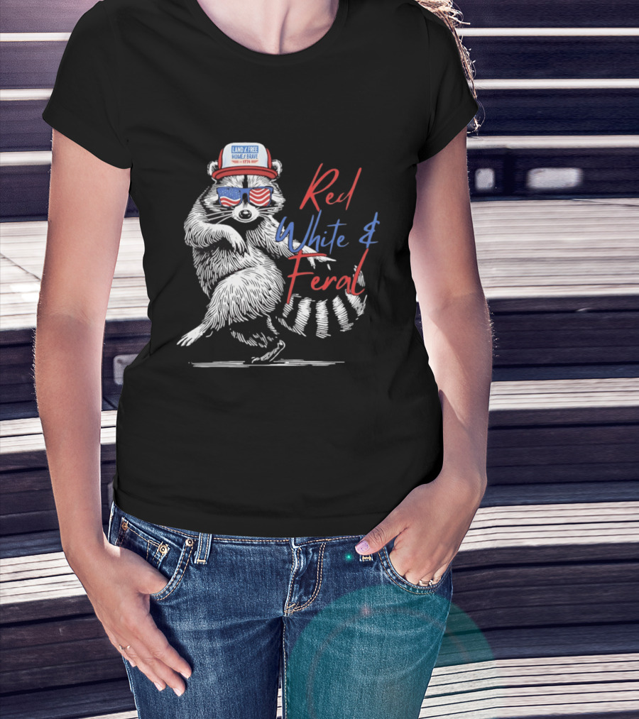 Red White Feral Raccoon Land Of The Free Home Brave 1776 Patriotic USA T-Shirt