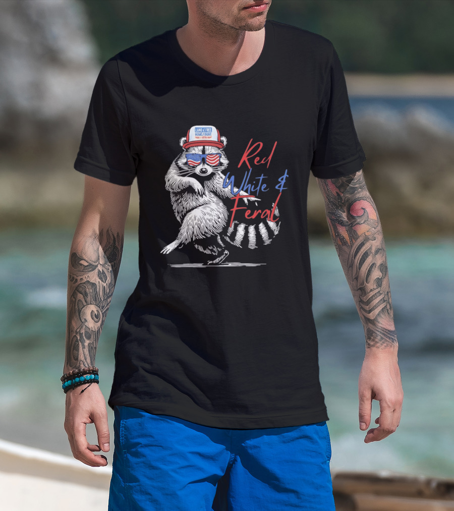 Red White Feral Raccoon Land Of The Free Home Brave 1776 Patriotic USA T-Shirt