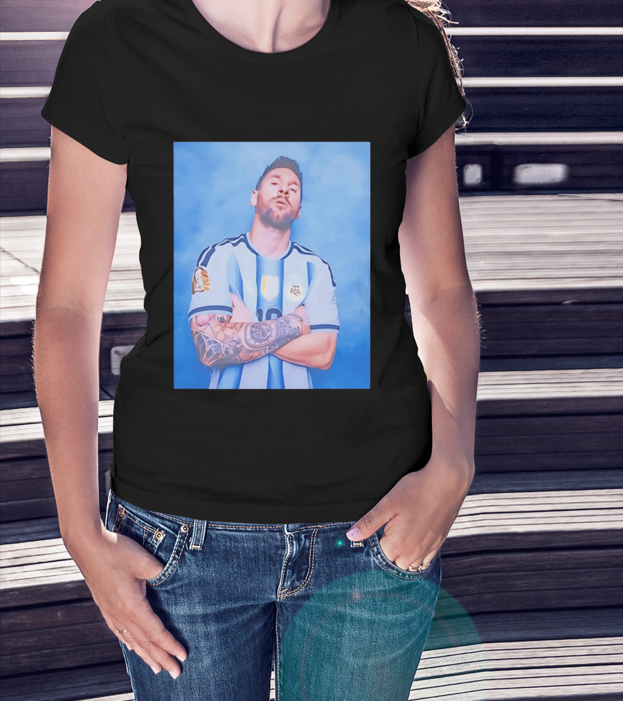 Lionel Messi With Argentina National Team Badge In Blue And White Stripes T-Shirt