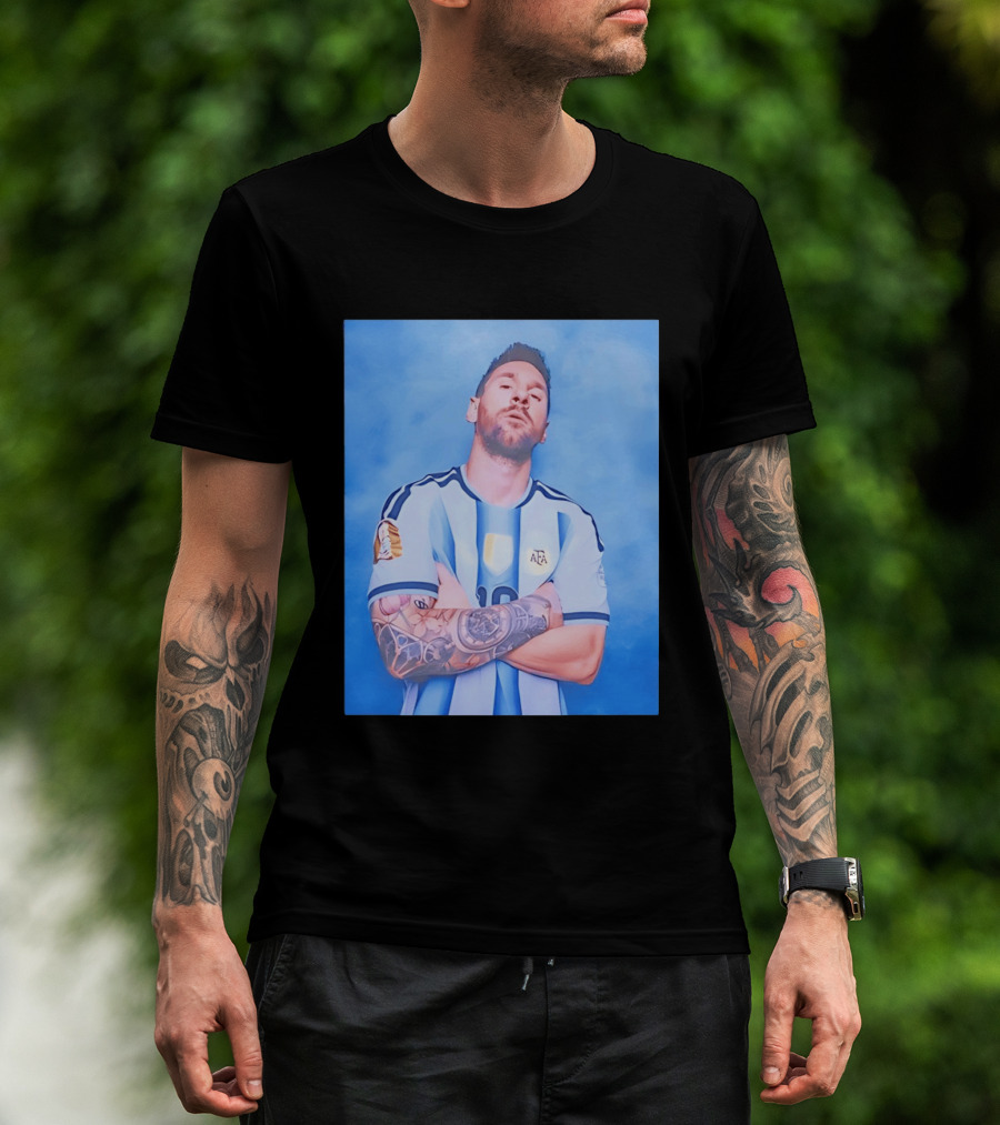 Lionel Messi With Argentina National Team Badge In Blue And White Stripes T-Shirt