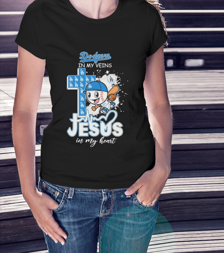 Los Angeles Dodgers In My Veins Jesus In My Heart LA Baseball Cross T-Shirt