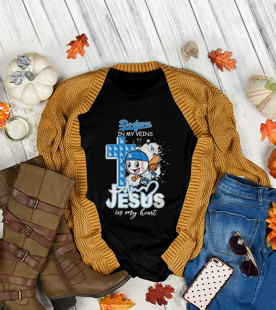 Los Angeles Dodgers In My Veins Jesus In My Heart LA Baseball Cross T-Shirt