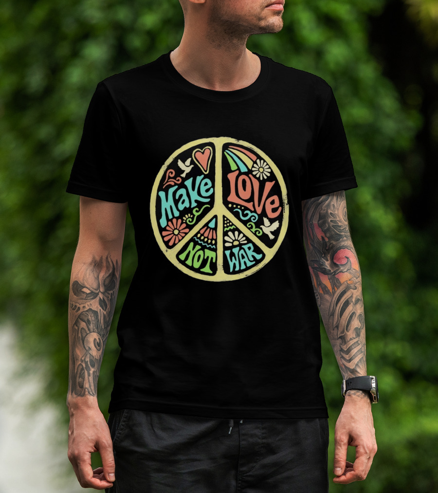 Make Love Not War Peace Sign Floral Rainbow Dove T-Shirt