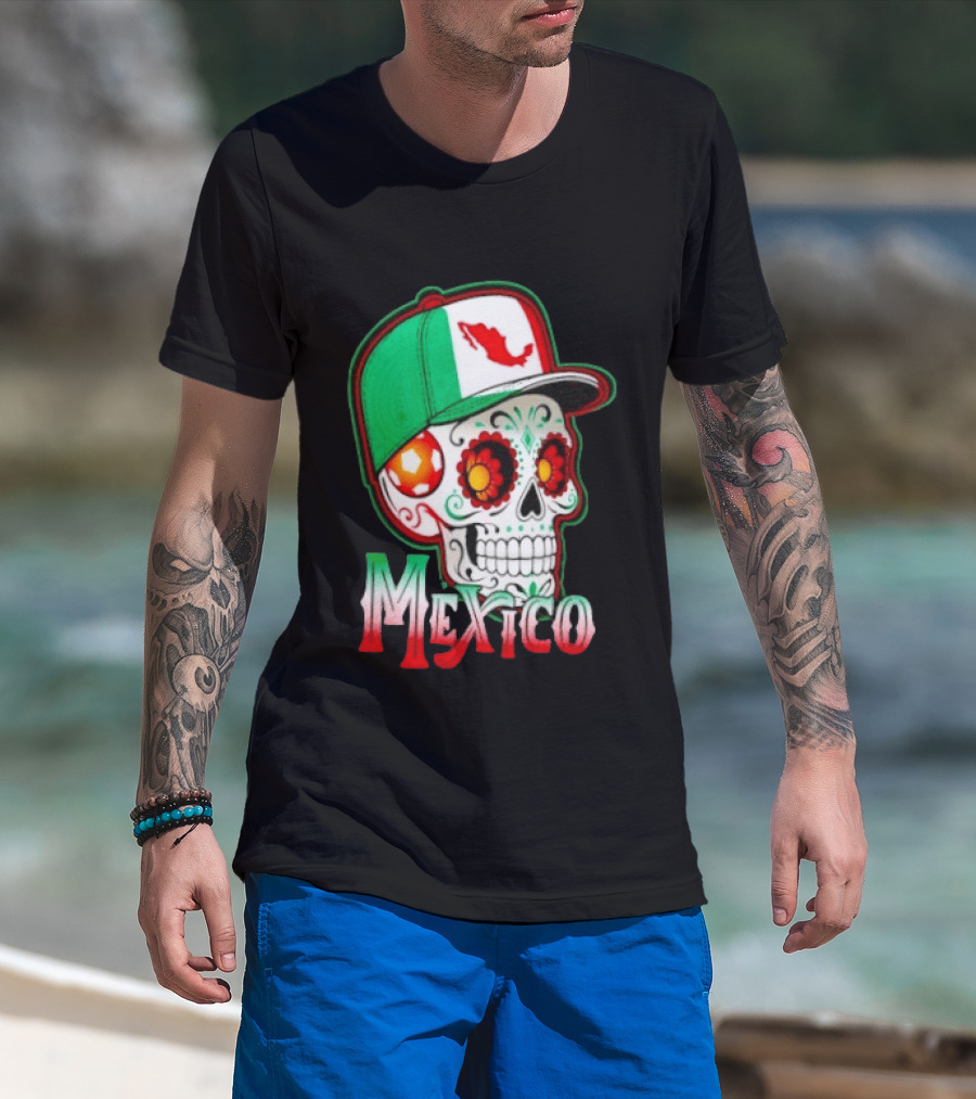 Mexico Sugar Skull Hat Map T-Shirt