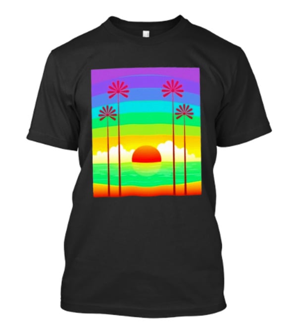 Sunset With Palm Trees And Rainbow Summer Scene T-Shirt