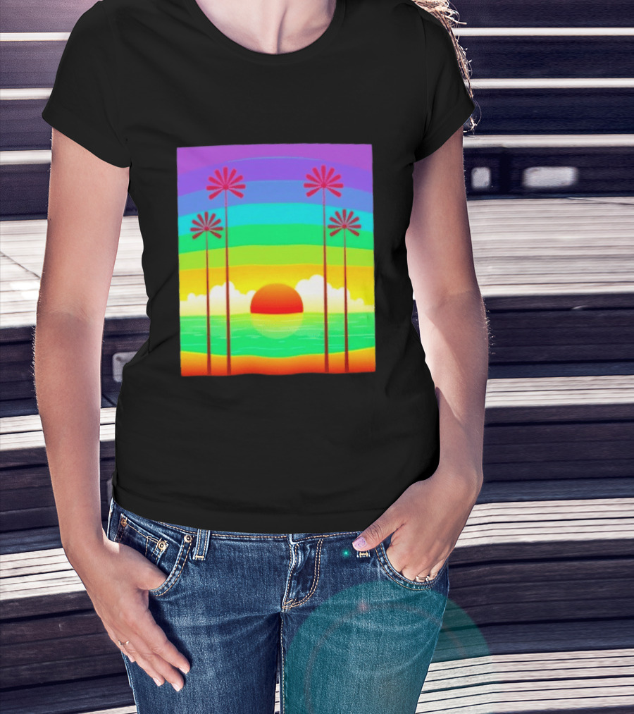 Sunset With Palm Trees And Rainbow Summer Scene T-Shirt
